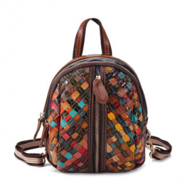 Women Genuine Leather Hand Stitching Patchwork Backpack Multi-Slot Handbags for Backpack