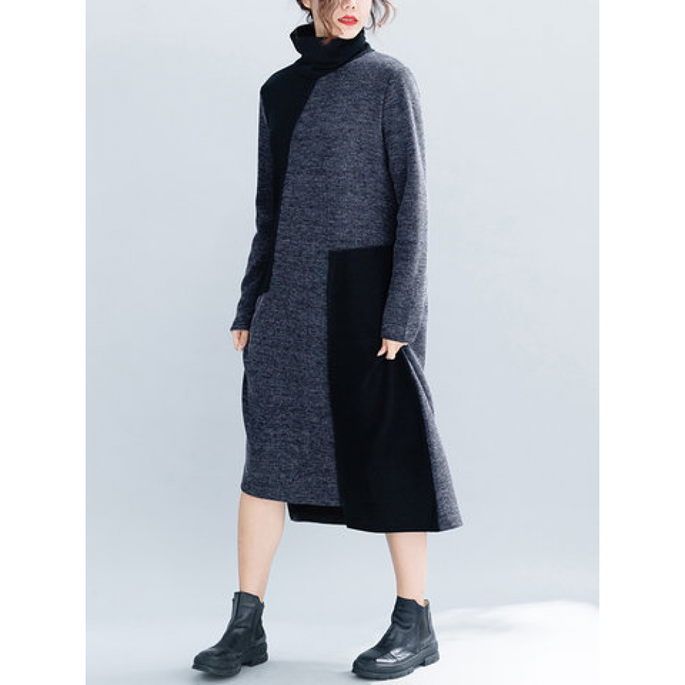 Women Vintage Patchwork Knit Funnel Neck Loose Dress for Vintage Dresses