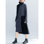 Women Vintage Patchwork Knit Funnel Neck Loose Dress for Vintage Dresses